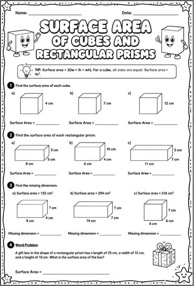Surface area of cubes and rectangular prisms