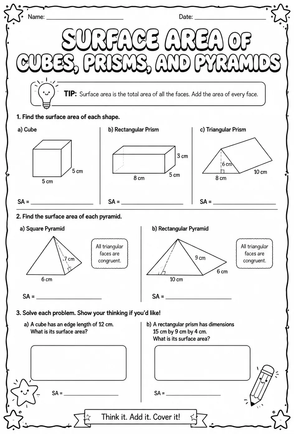 Surface area of cubes, prisms, and pyramids — free printable Grade 8 math worksheet