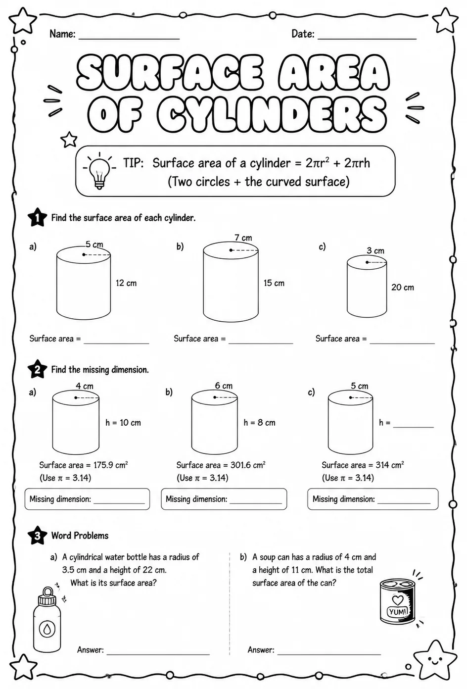 Surface area of cylinders — free printable Grade 7 math worksheet