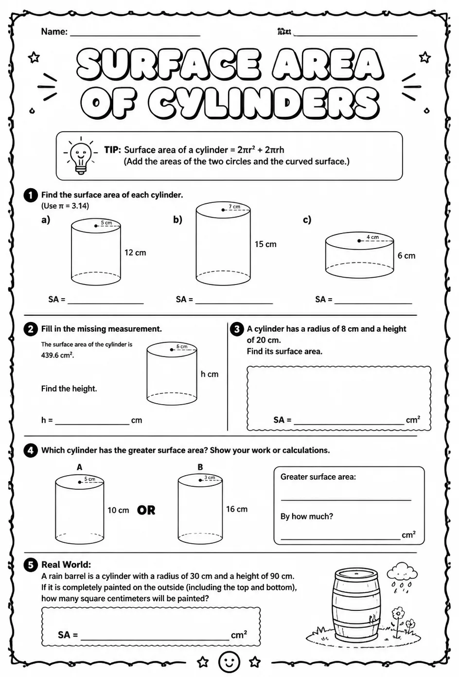 Surface area of cylinders — free printable Grade 8 math worksheet