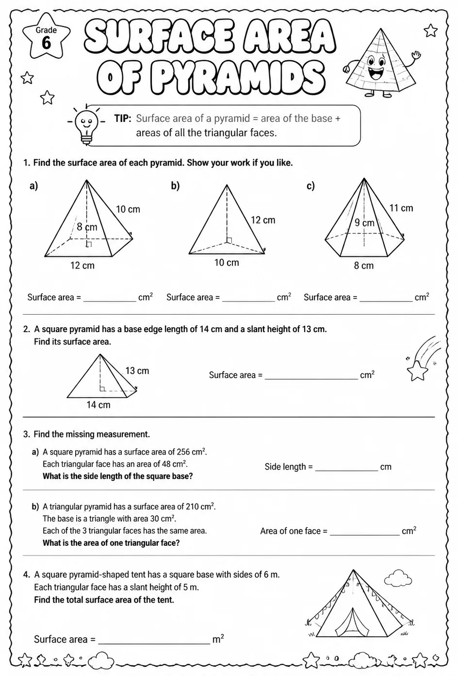 Surface area of pyramids — free printable Grade 6 math worksheet