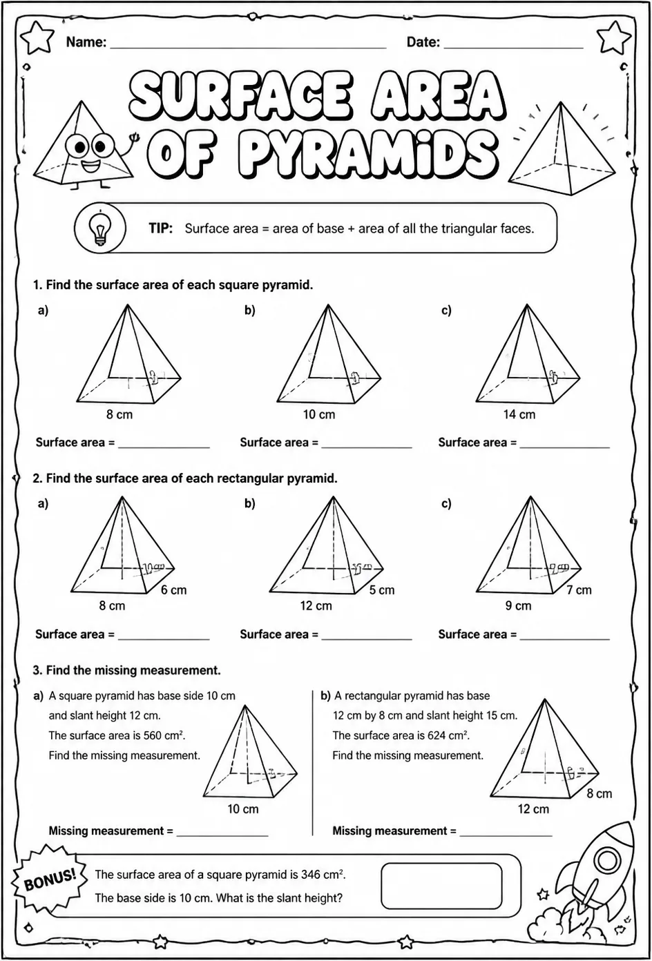 Surface area of pyramids — free printable Grade 7 math worksheet