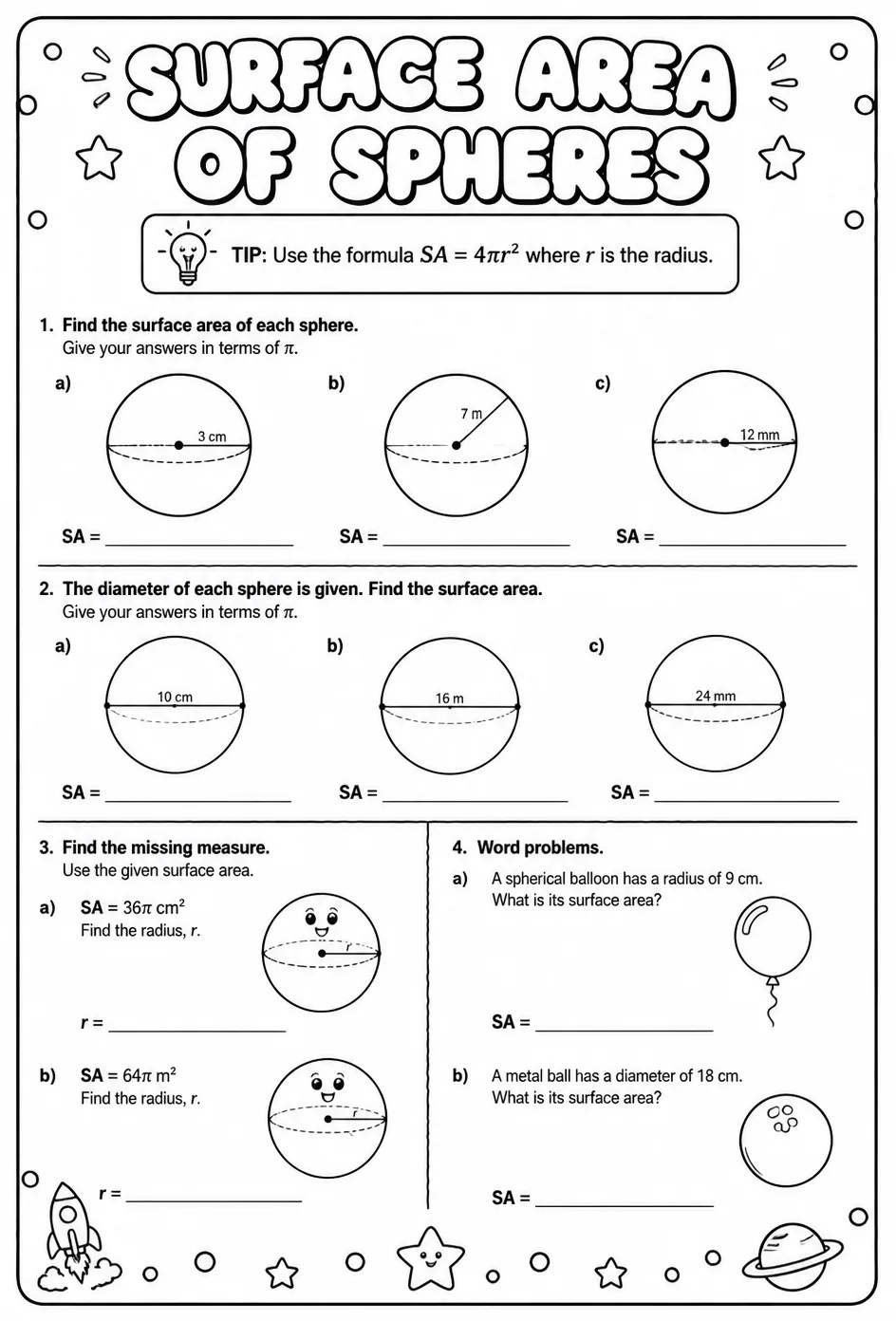 Surface area of spheres — free printable Grade 8 math worksheet