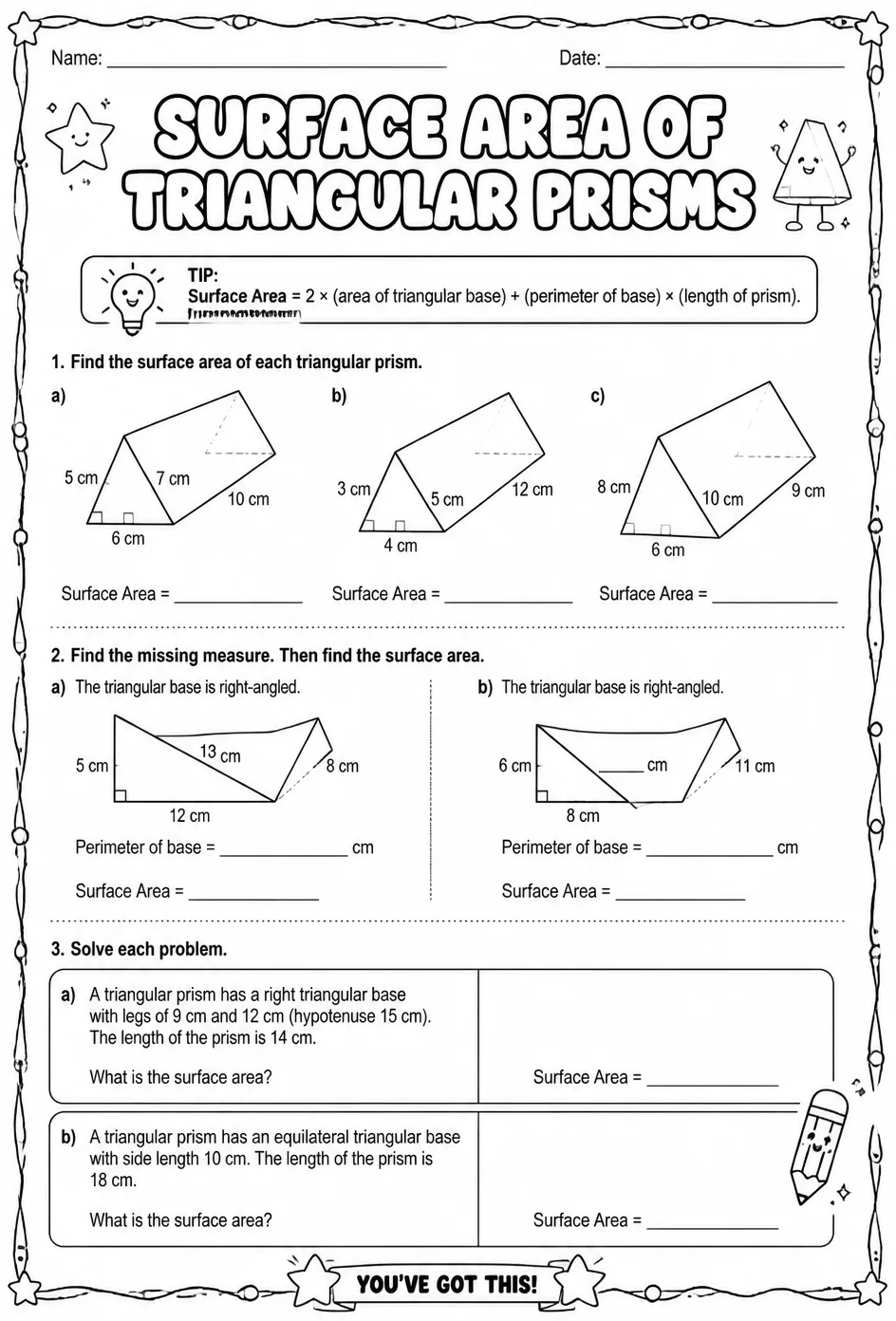 Surface area of triangular prisms — free printable Grade 6 math worksheet