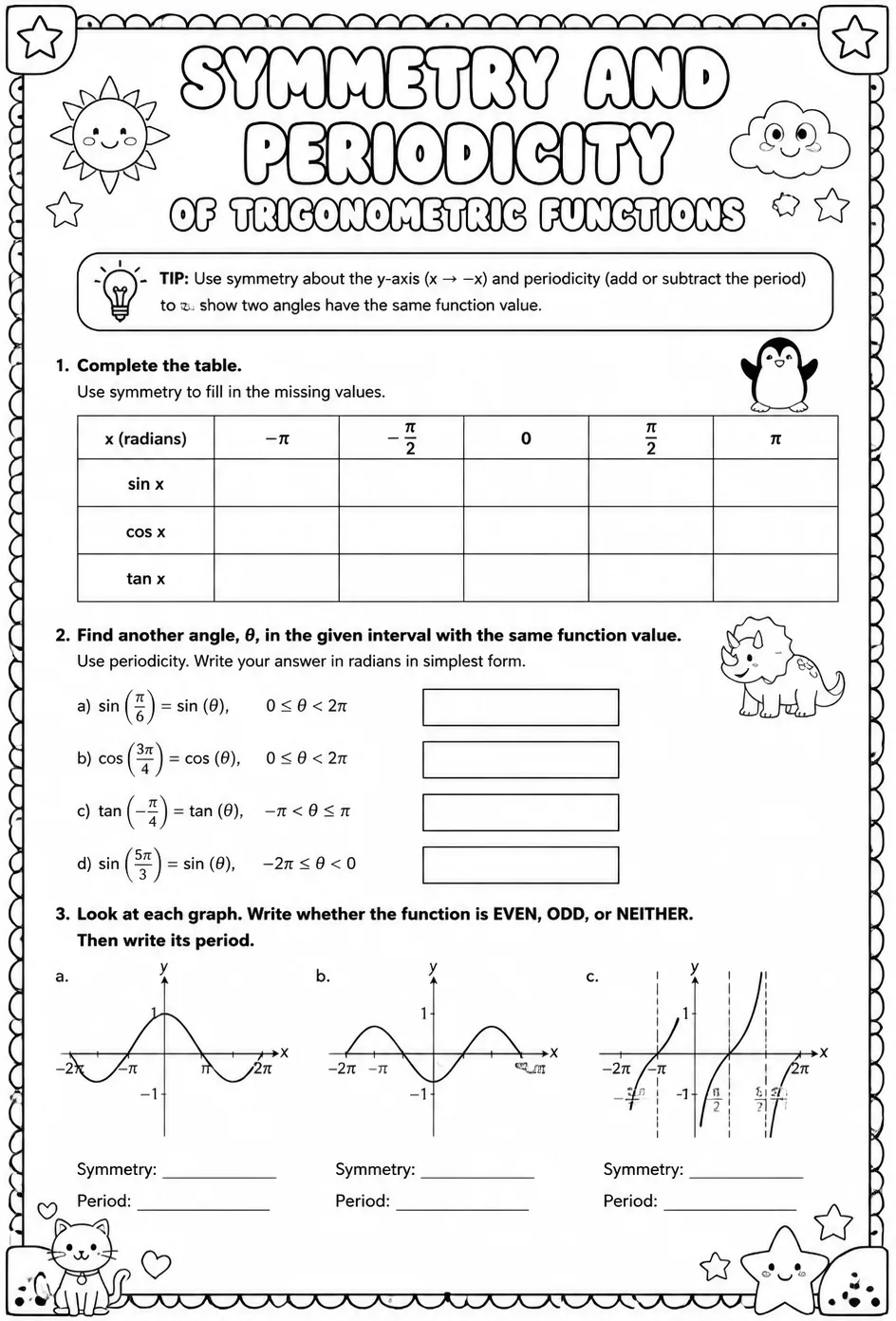 Symmetry and periodicity of trigonometric functions — free printable Algebra 2 math worksheet