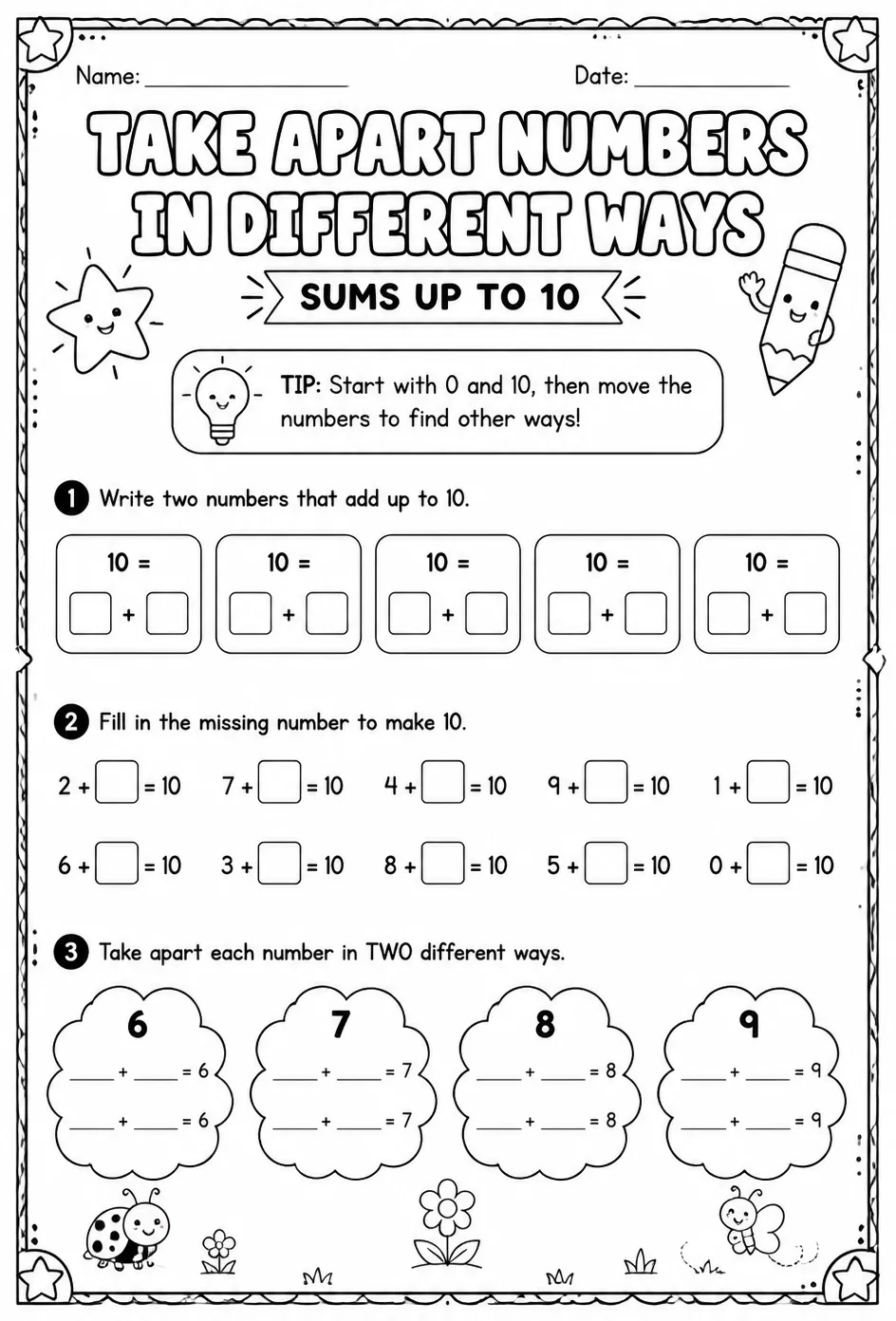 Take apart numbers in different ways - sums up to 10 — free printable Grade 1 math worksheet