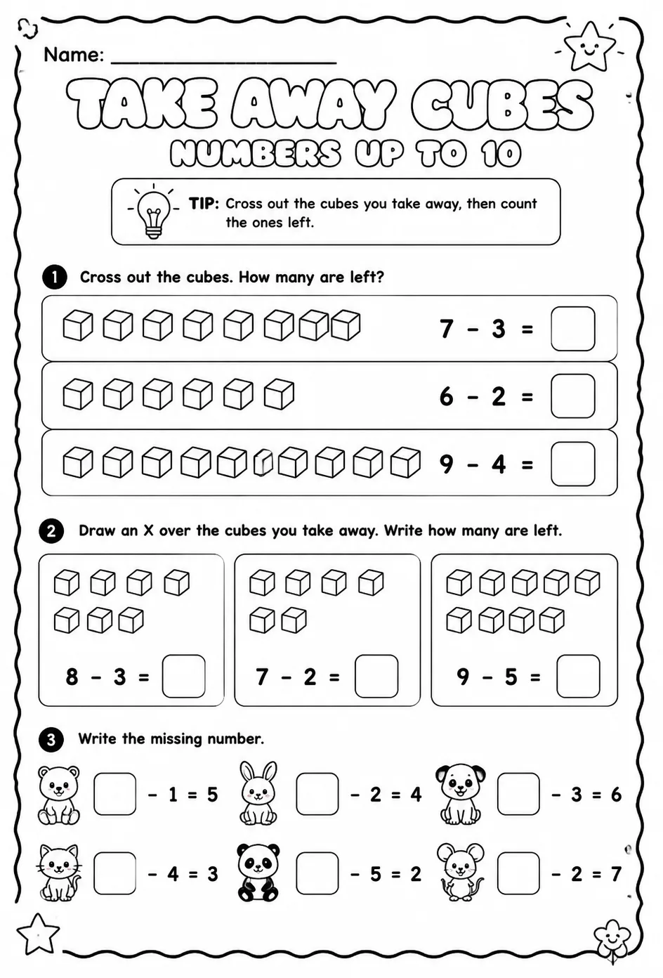 Take away cubes - numbers up to 10 — free printable Pre-K math worksheet