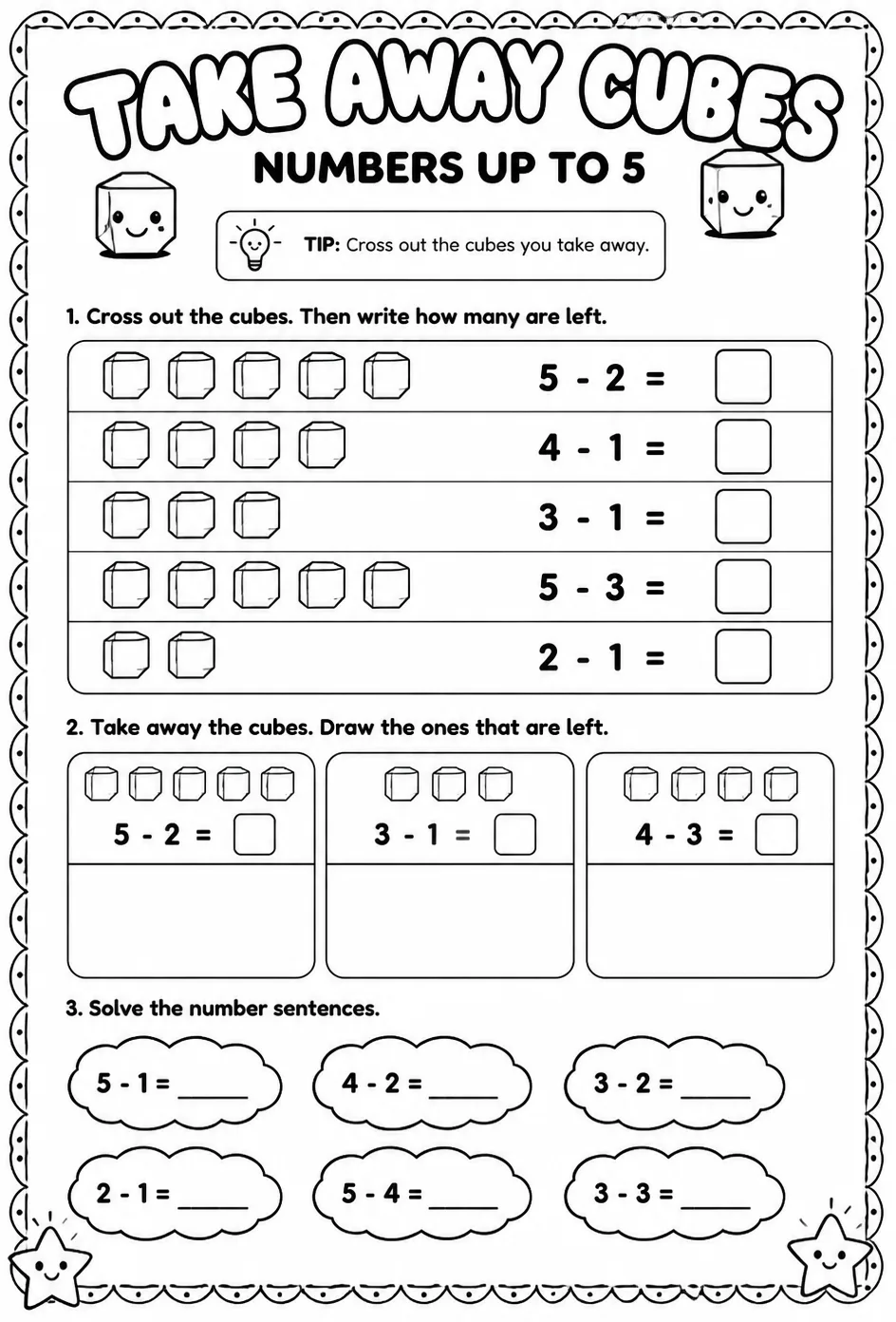 Take away cubes - numbers up to 5 — free printable Pre-K math worksheet