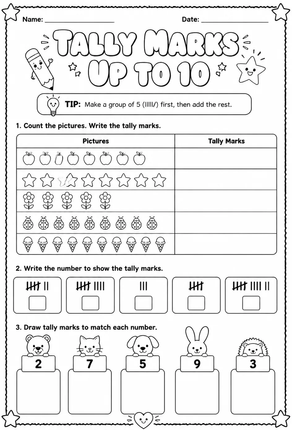 Tally marks - up to 10 — free printable Grade 1 math worksheet