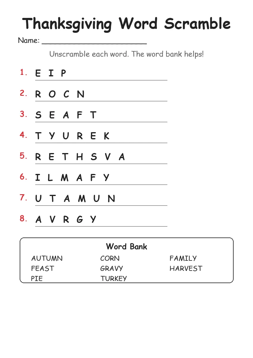 Thanksgiving Word Scramble (Grade 1)