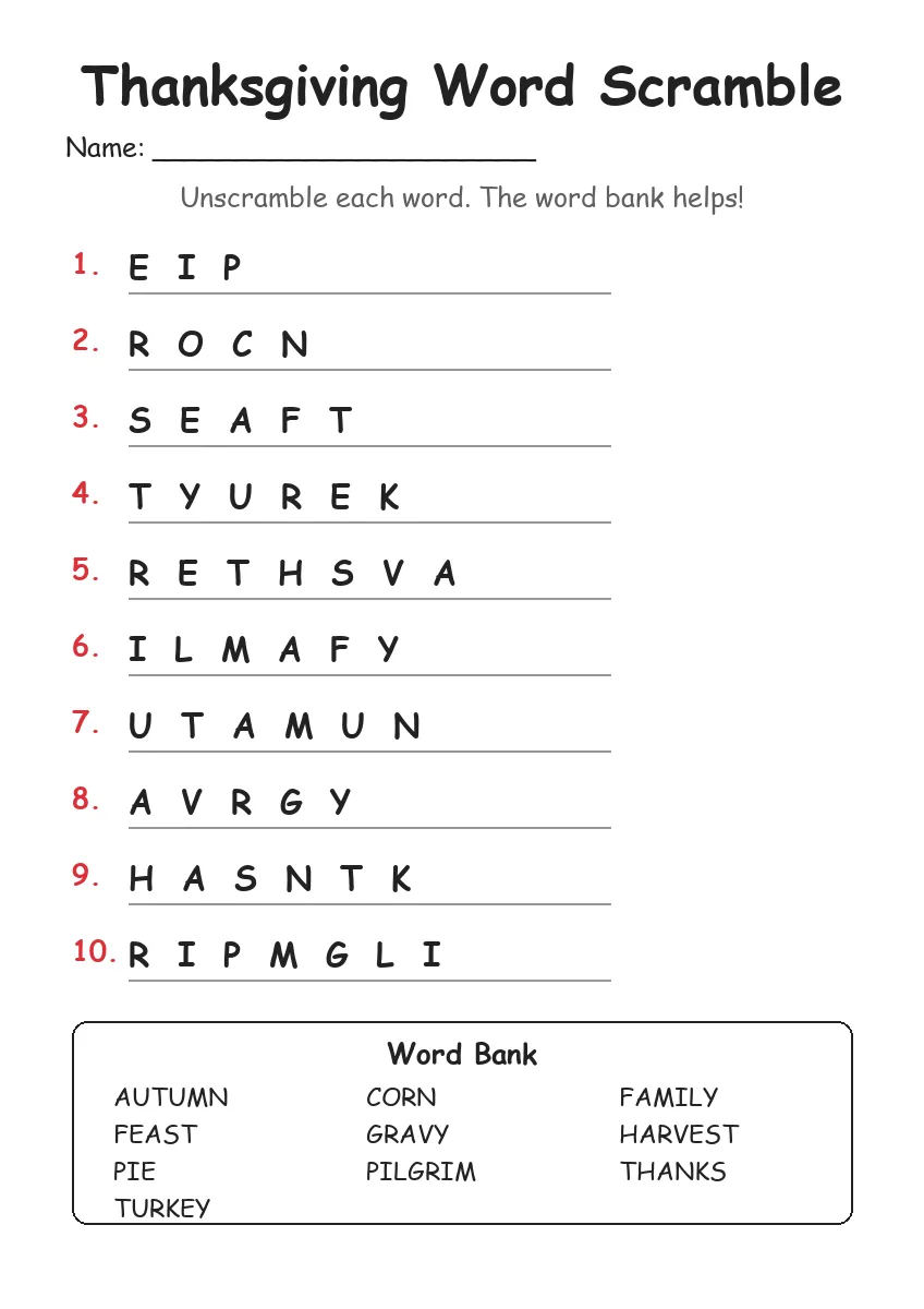 Thanksgiving Word Scramble (Grade 3)