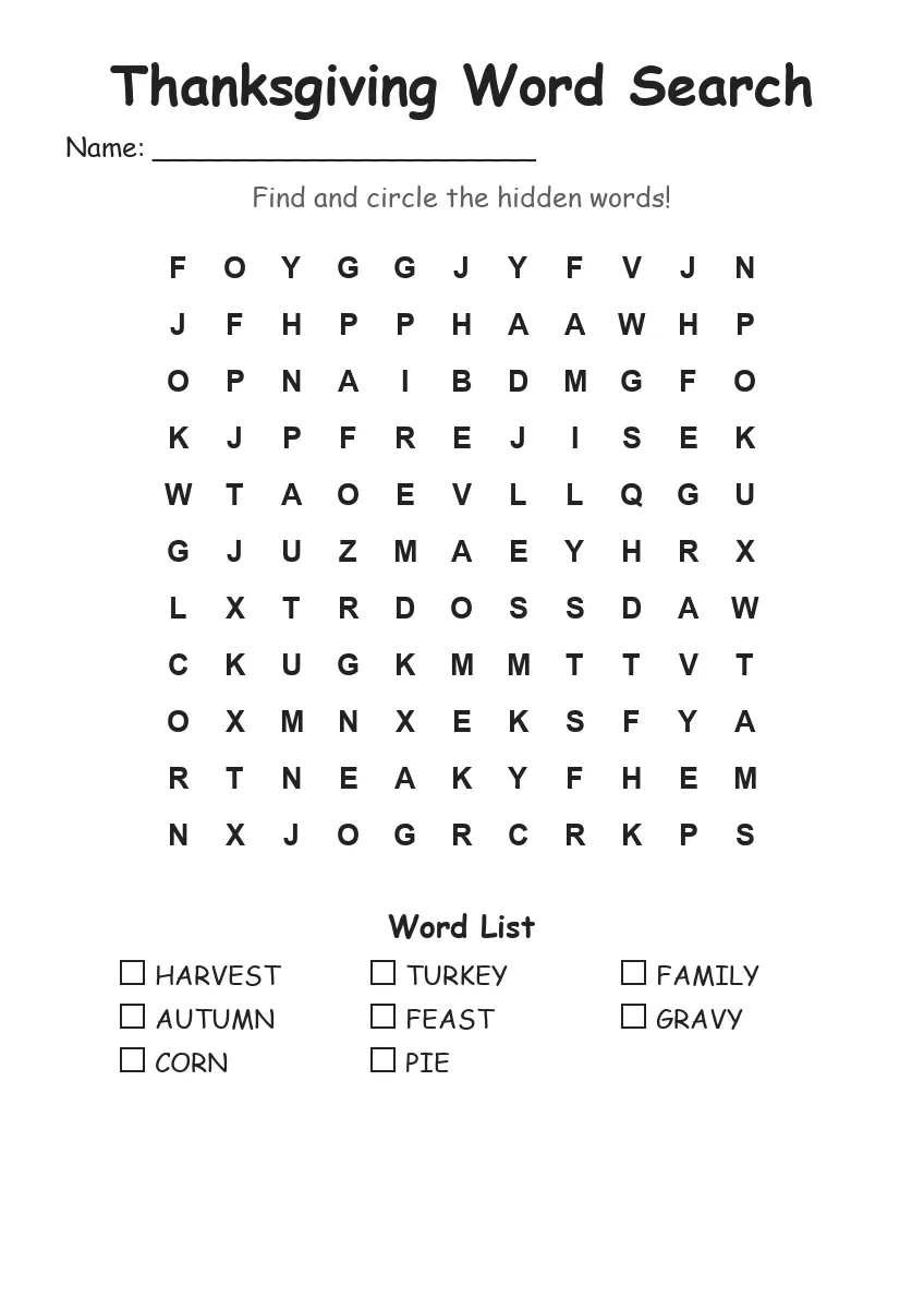Thanksgiving Word Search (Grade 1)