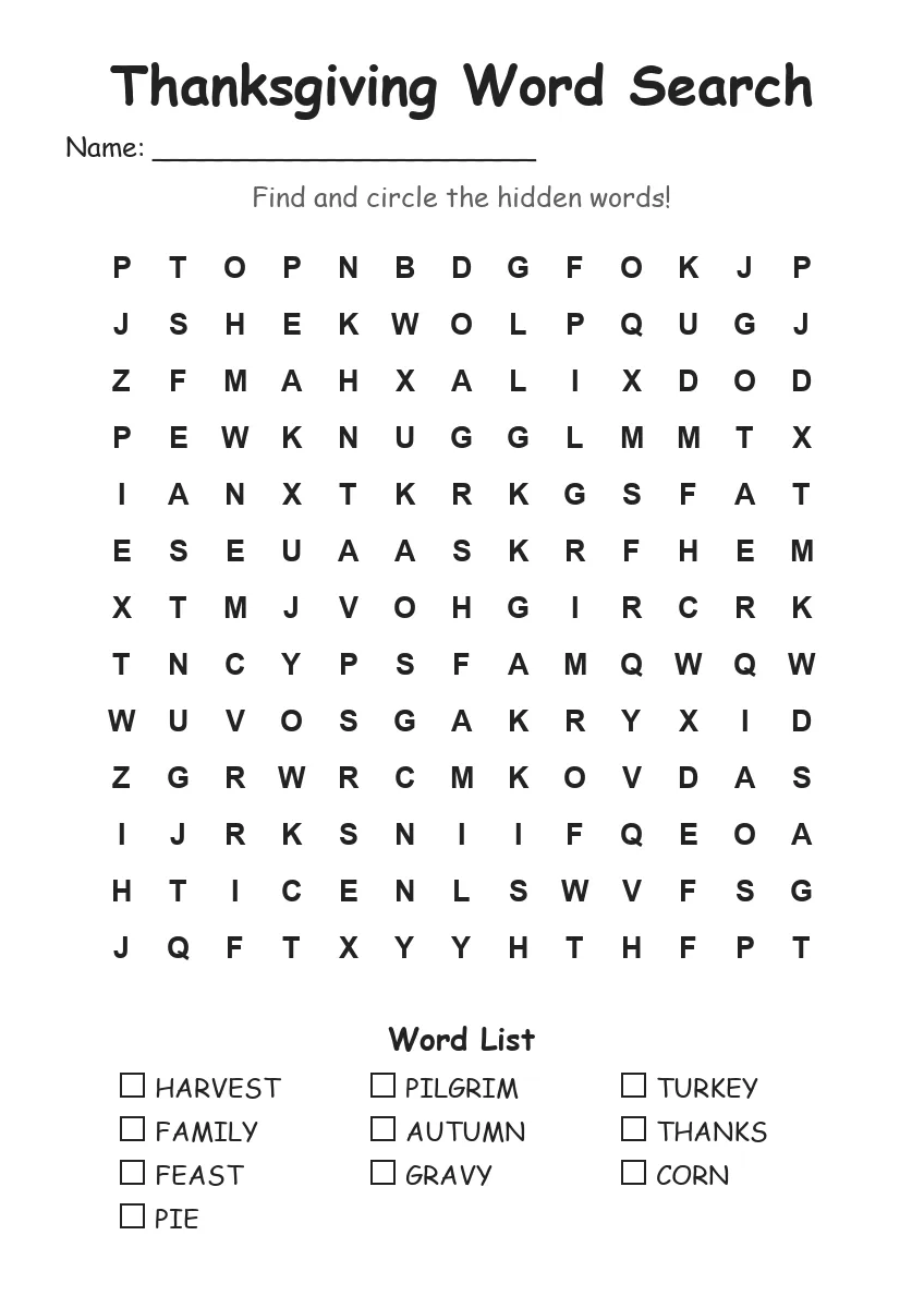 Thanksgiving word search worksheet for Grade 2