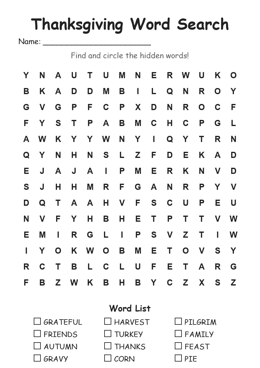 Thanksgiving Word Search (Grade 3)
