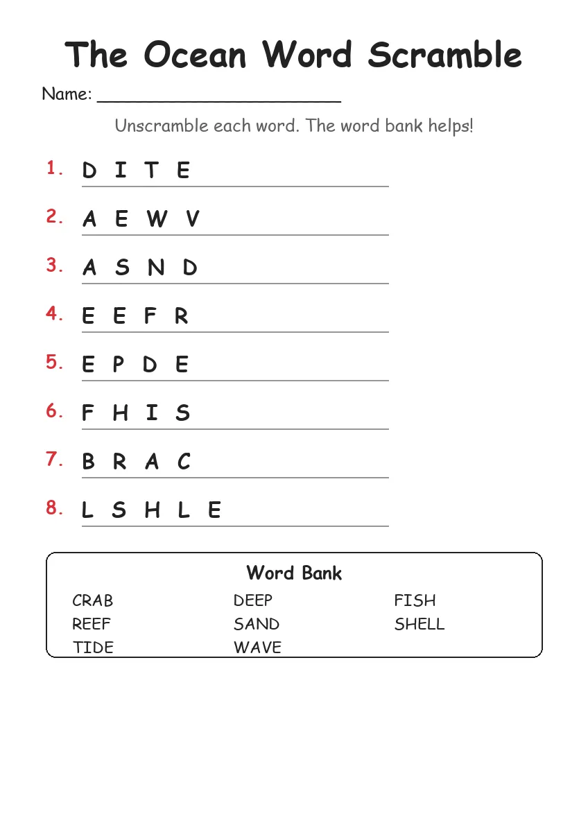The Ocean word scramble worksheet for Grade 1