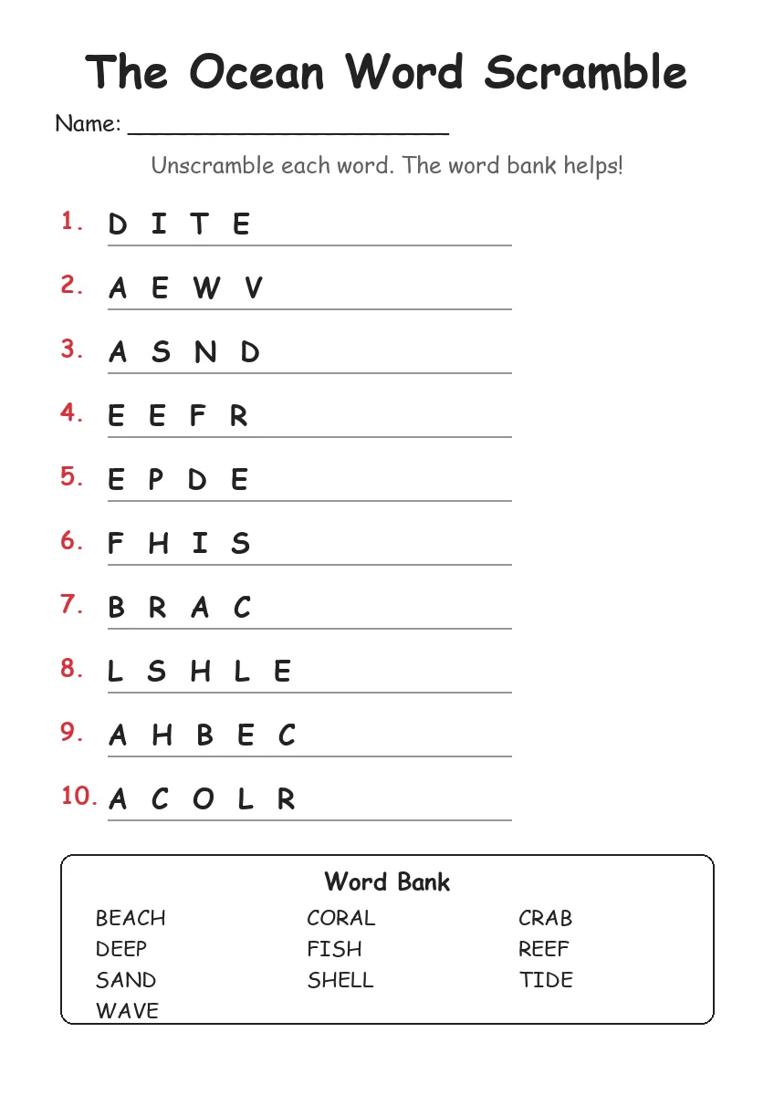 The Ocean word scramble worksheet for Grade 3