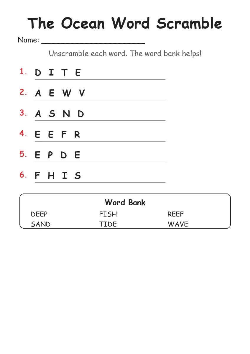 The Ocean word scramble worksheet for Kindergarten