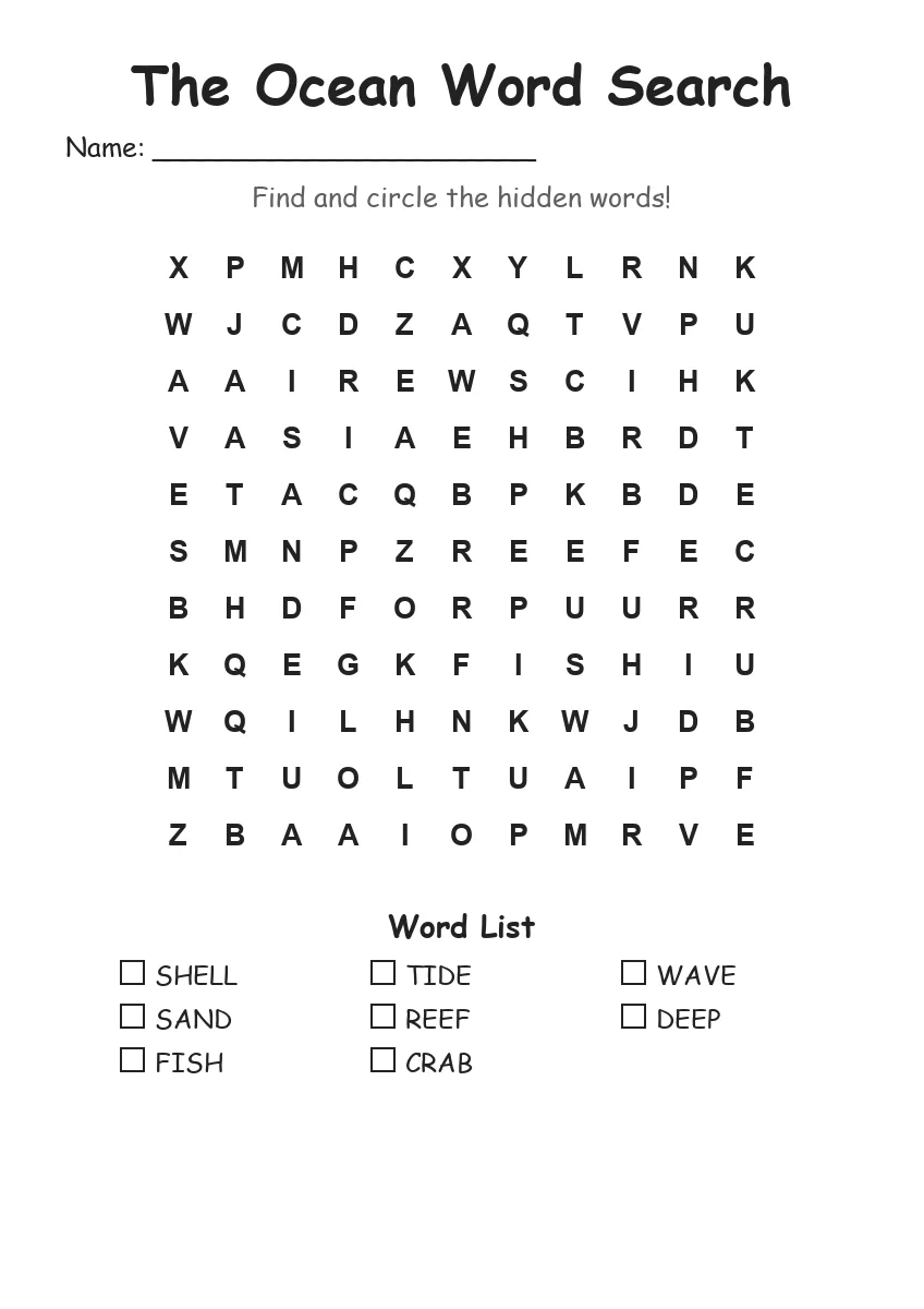 The Ocean word search worksheet for Grade 1