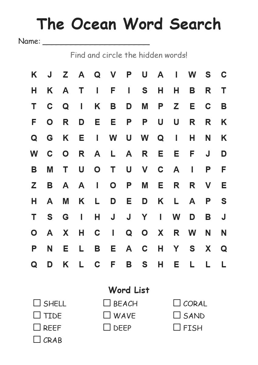 The Ocean word search worksheet for Grade 2