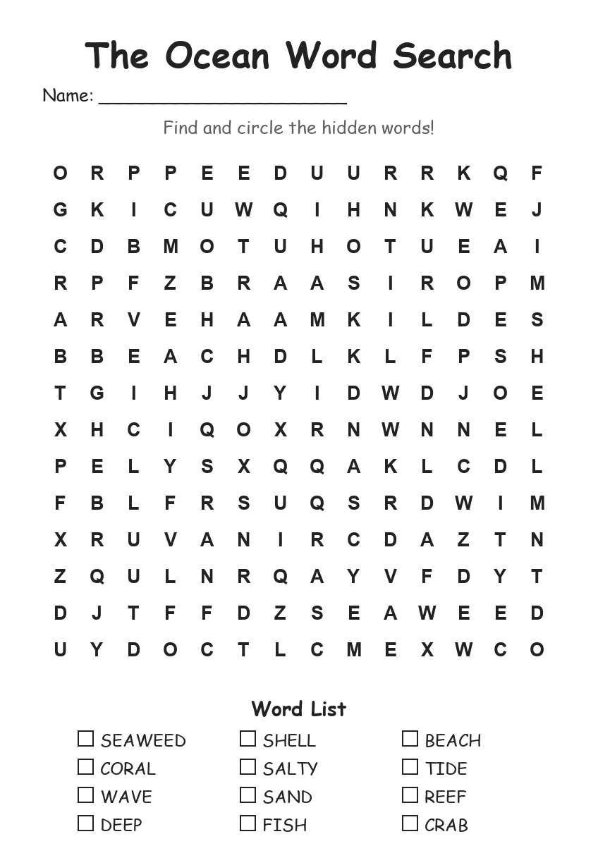 The Ocean word search worksheet for Grade 3