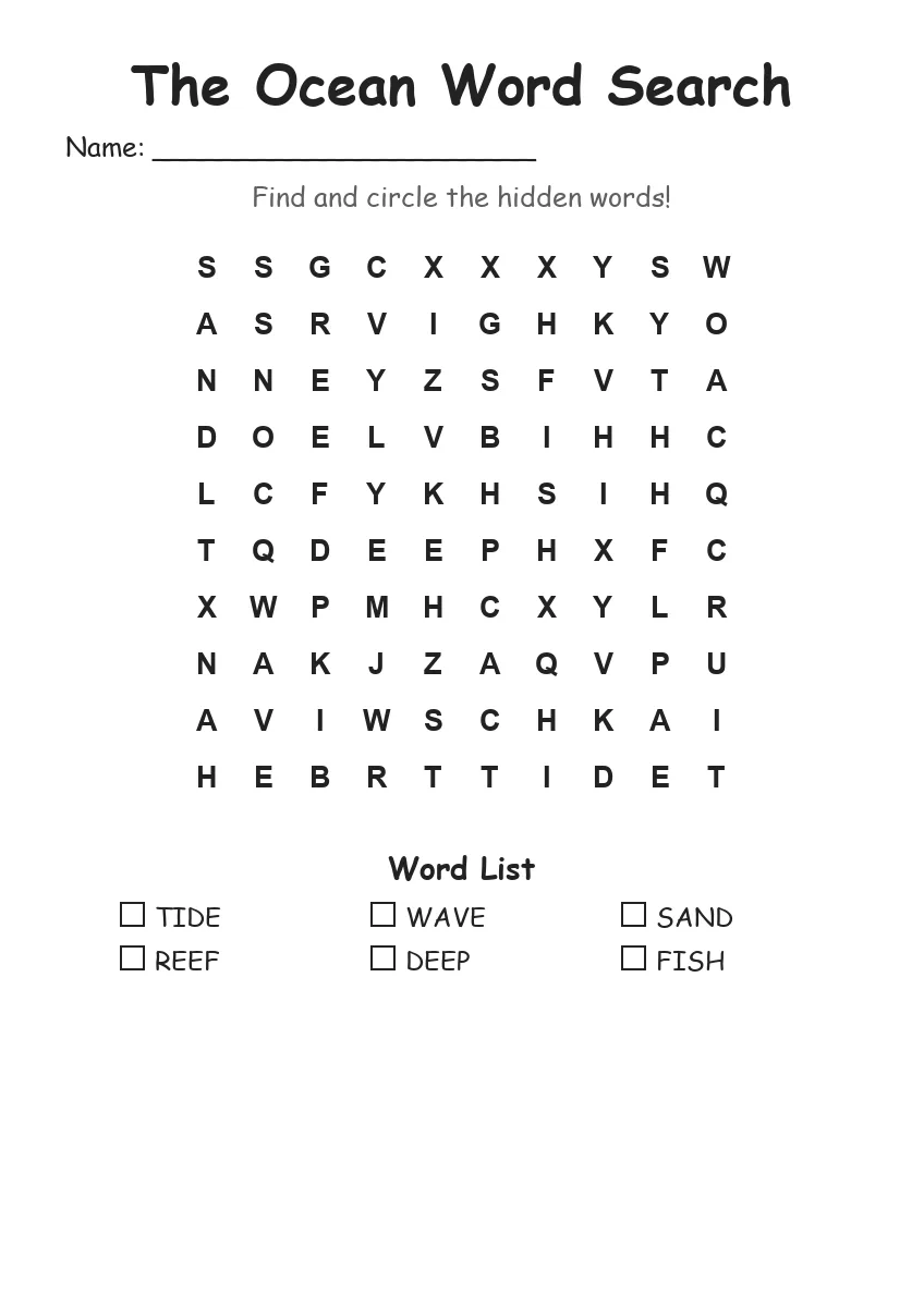 The Ocean word search worksheet for Kindergarten