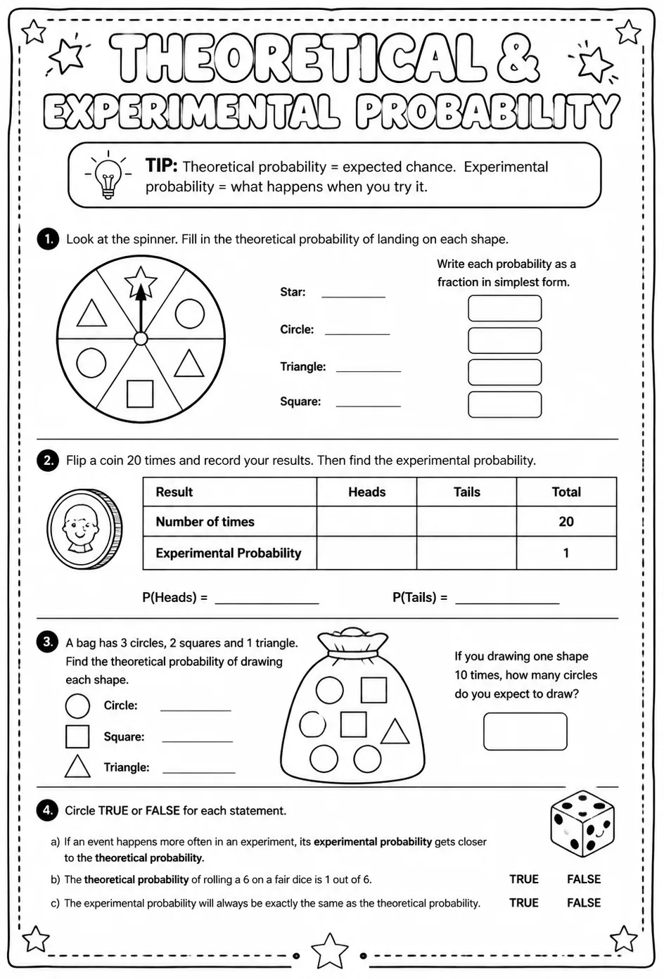 Theoretical and experimental probability — free printable Geometry math worksheet