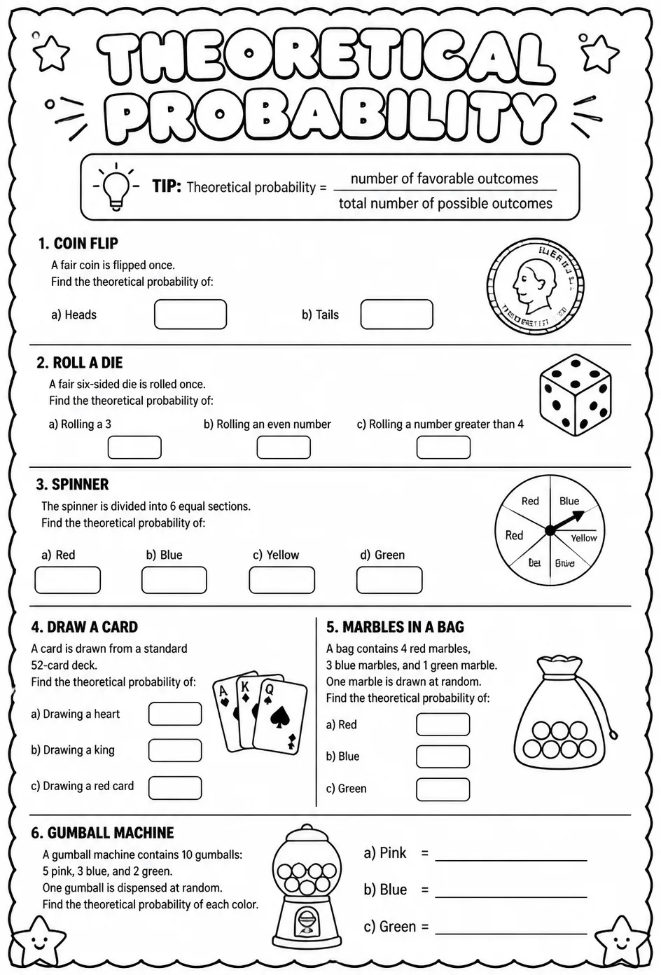 Theoretical probability — free printable Algebra 1 math worksheet