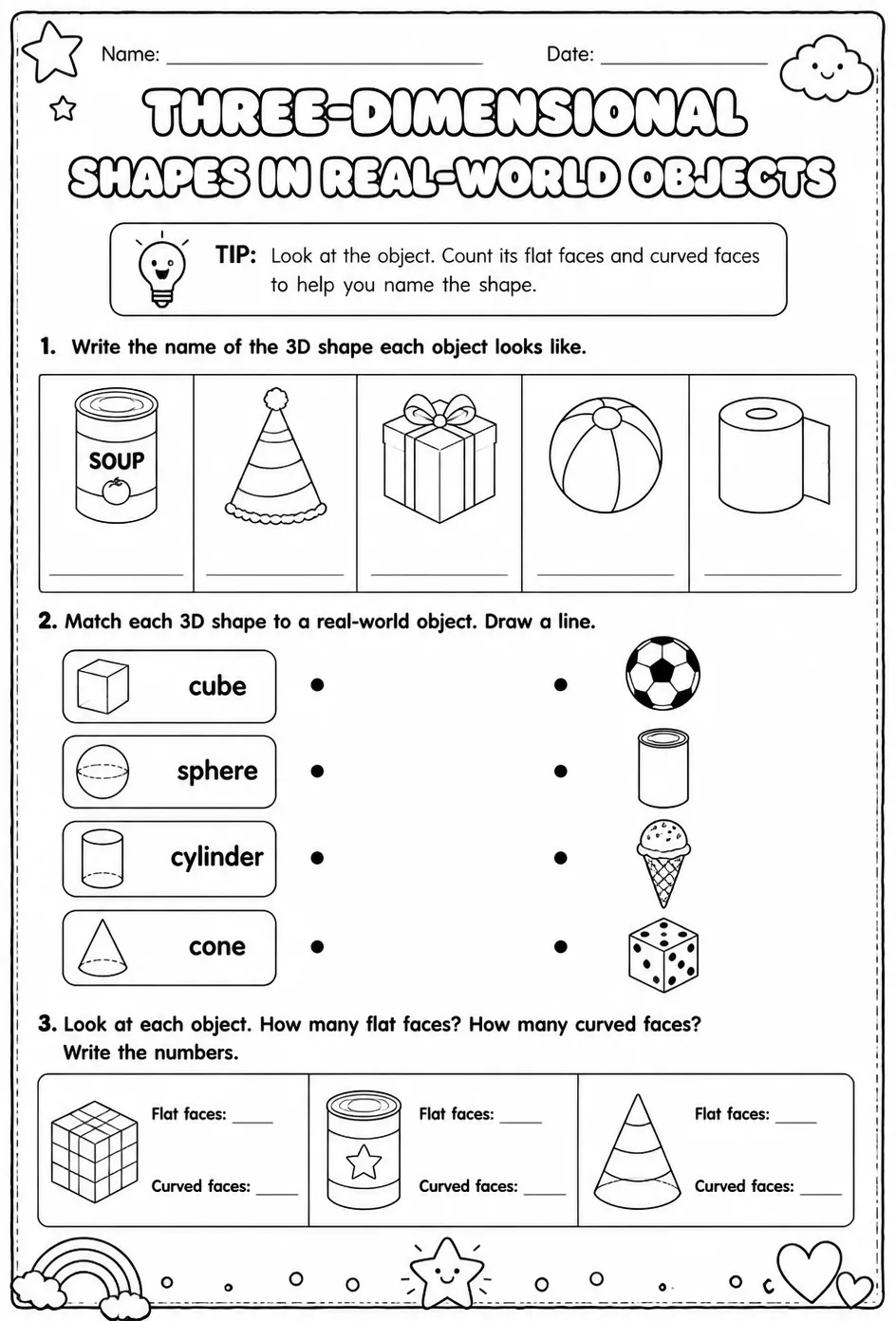 Three-dimensional shapes in real-world objects — free printable Grade 1 math worksheet