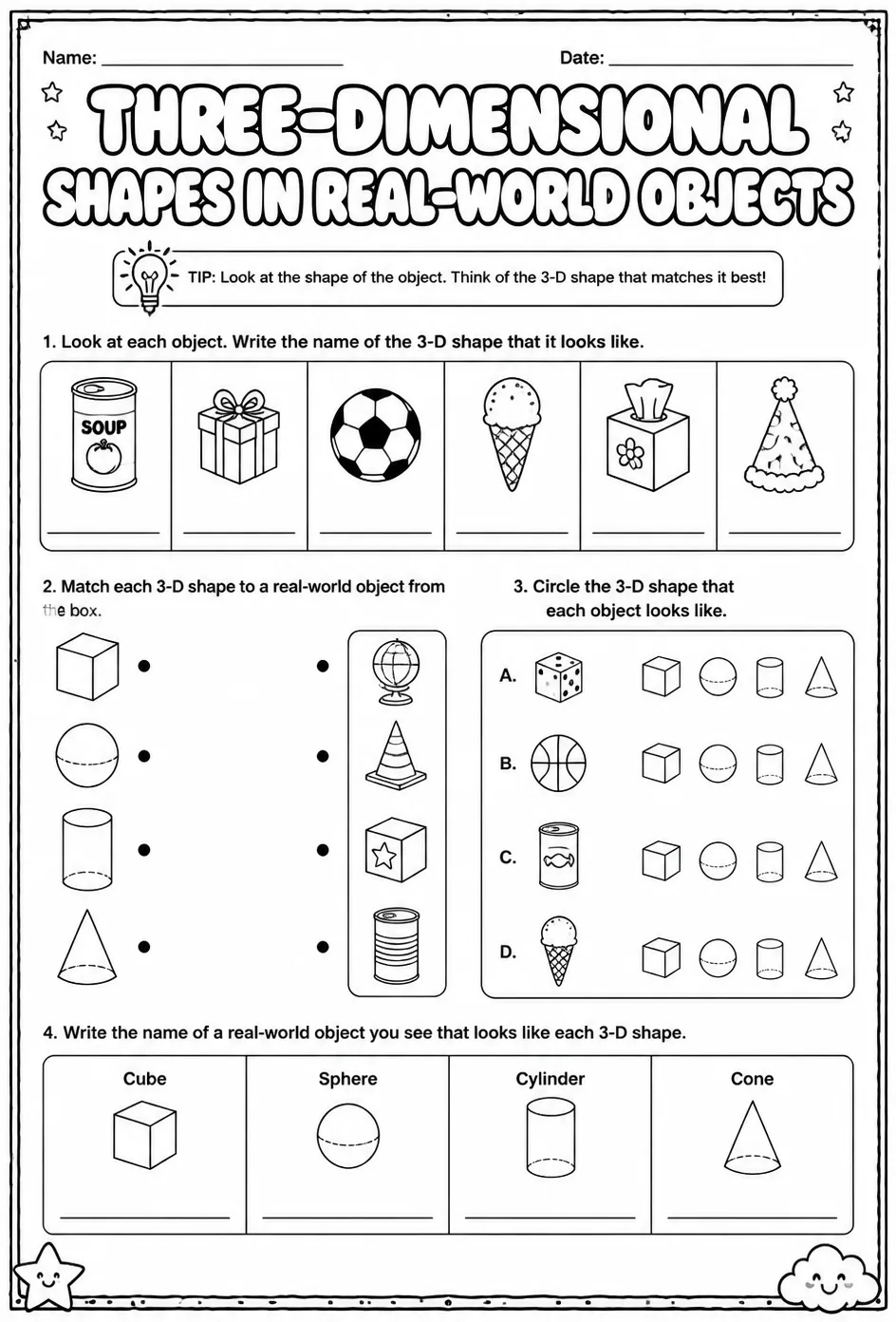 Three-dimensional shapes in real-world objects — free printable Grade 2 math worksheet