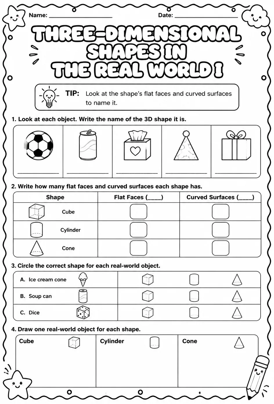 Three-dimensional shapes in the real world I — free printable Grade 1 math worksheet
