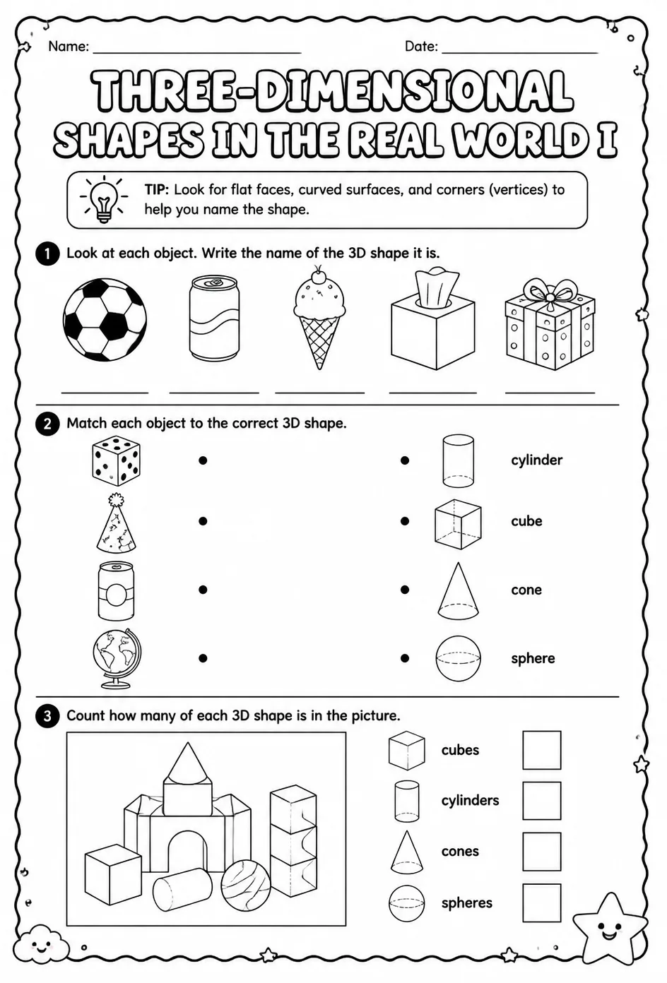 Three-dimensional shapes in the real world I — free printable Grade 2 math worksheet