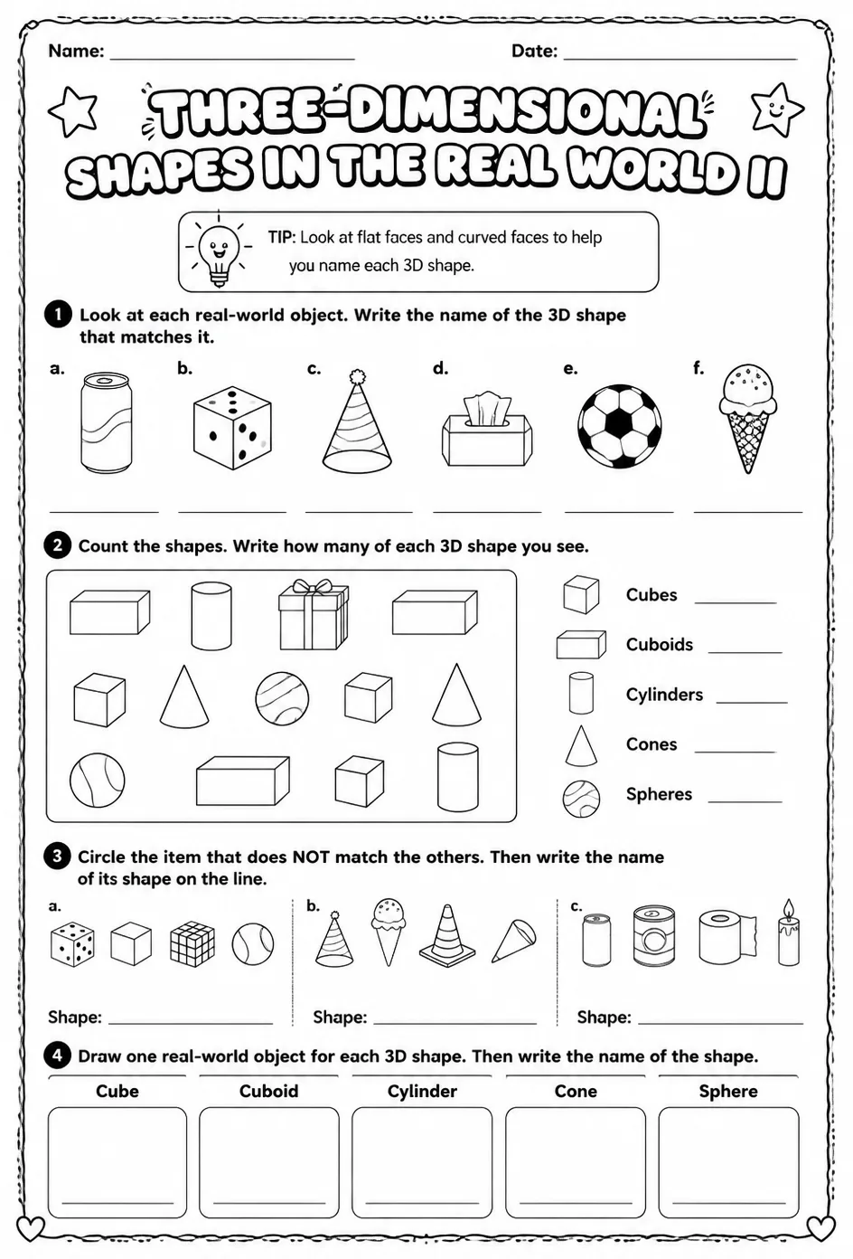 Three-dimensional shapes in the real world II — free printable Grade 1 math worksheet