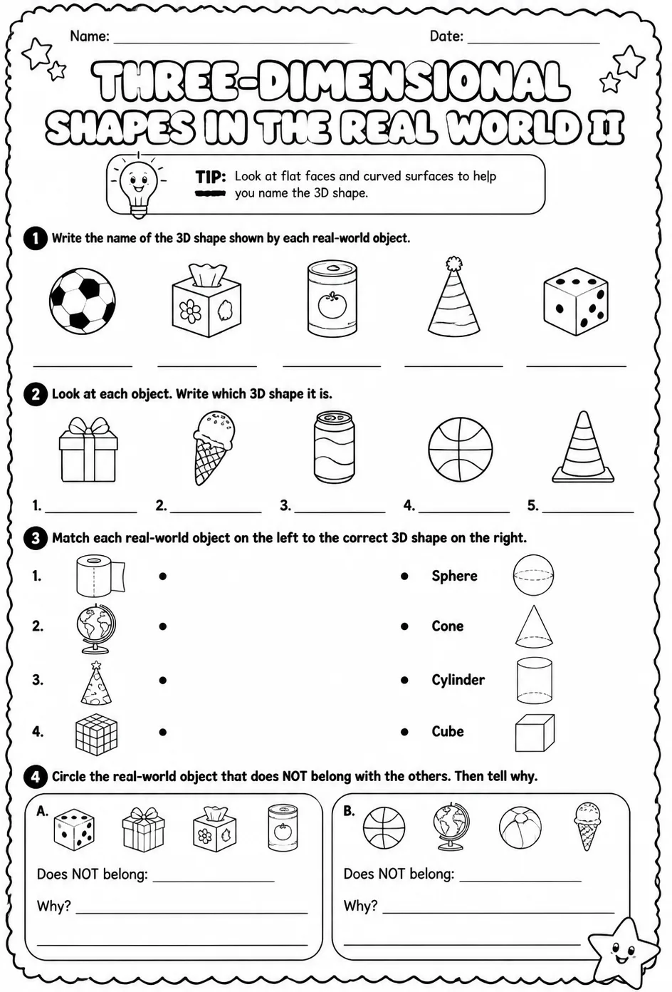 Three-dimensional shapes in the real world II — free printable Grade 2 math worksheet