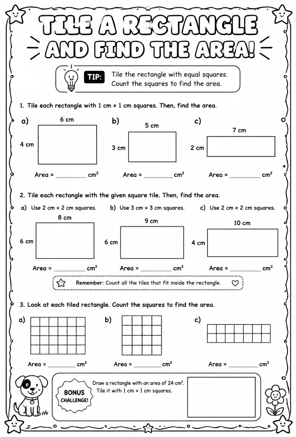 Tile a rectangle and find the area — free printable Grade 3 math worksheet