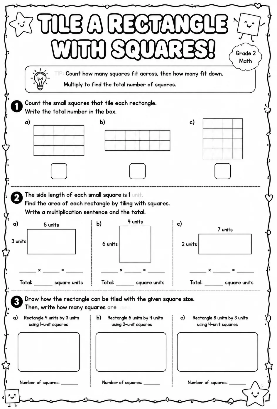Tile a rectangle with squares — free printable Grade 2 math worksheet