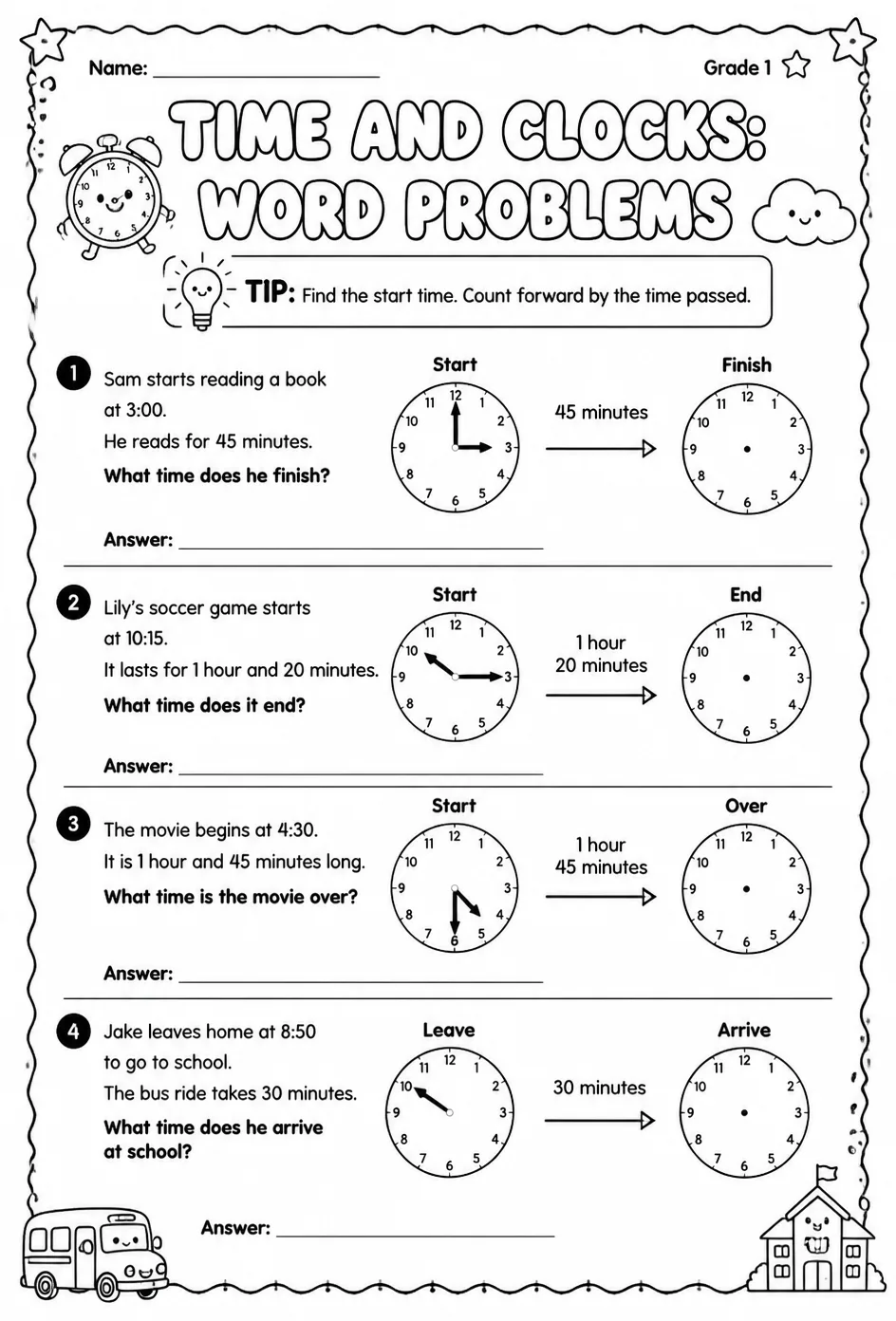 Time and clocks: word problems — free printable Grade 1 math worksheet