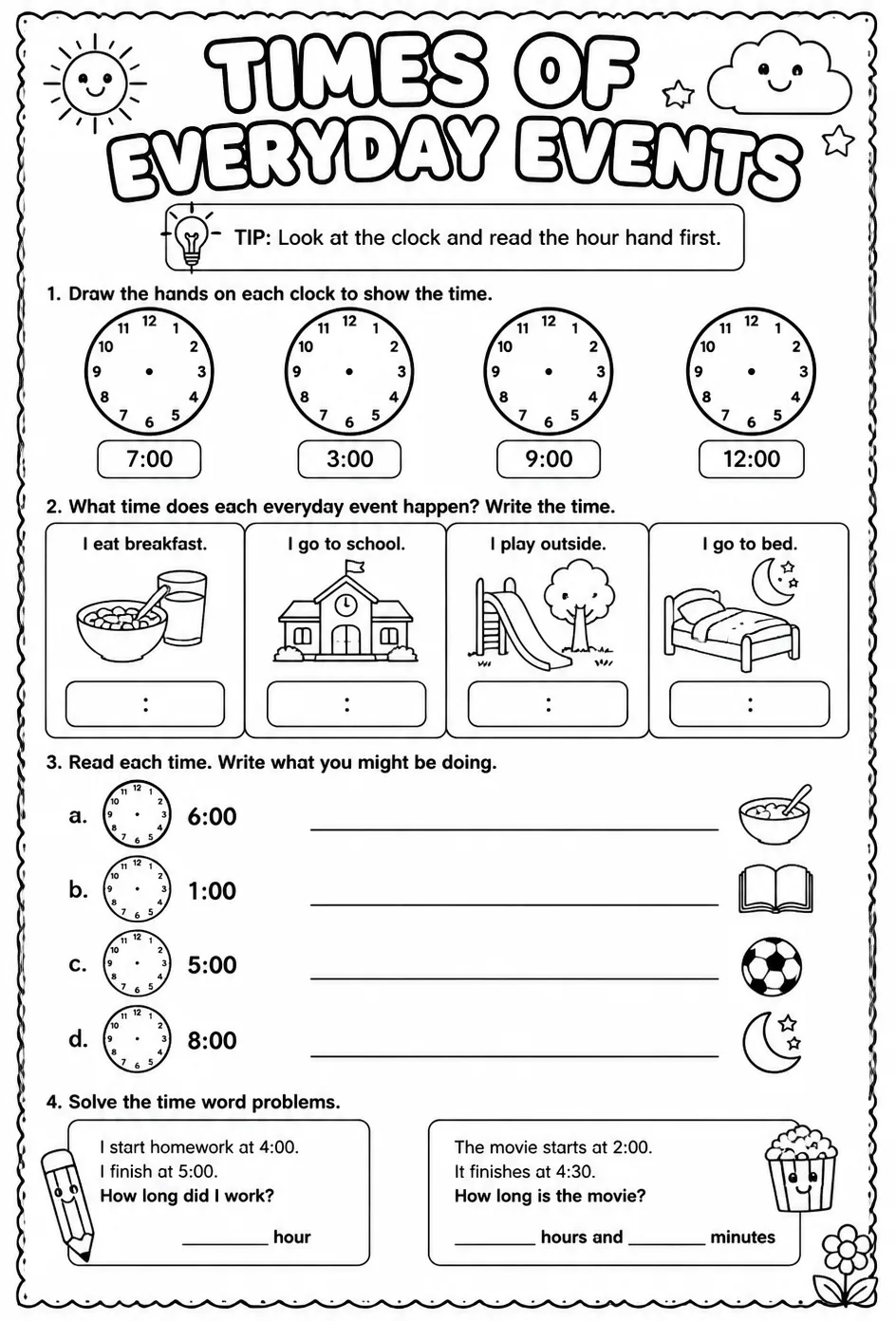 Times of everyday events — free printable Grade 1 math worksheet