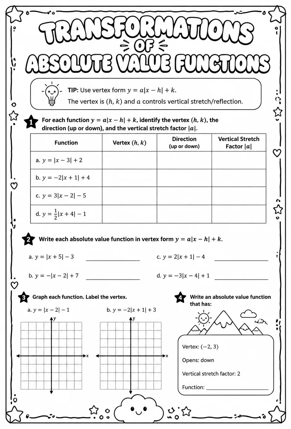 Transformations of absolute value functions — free printable Algebra 2 math worksheet