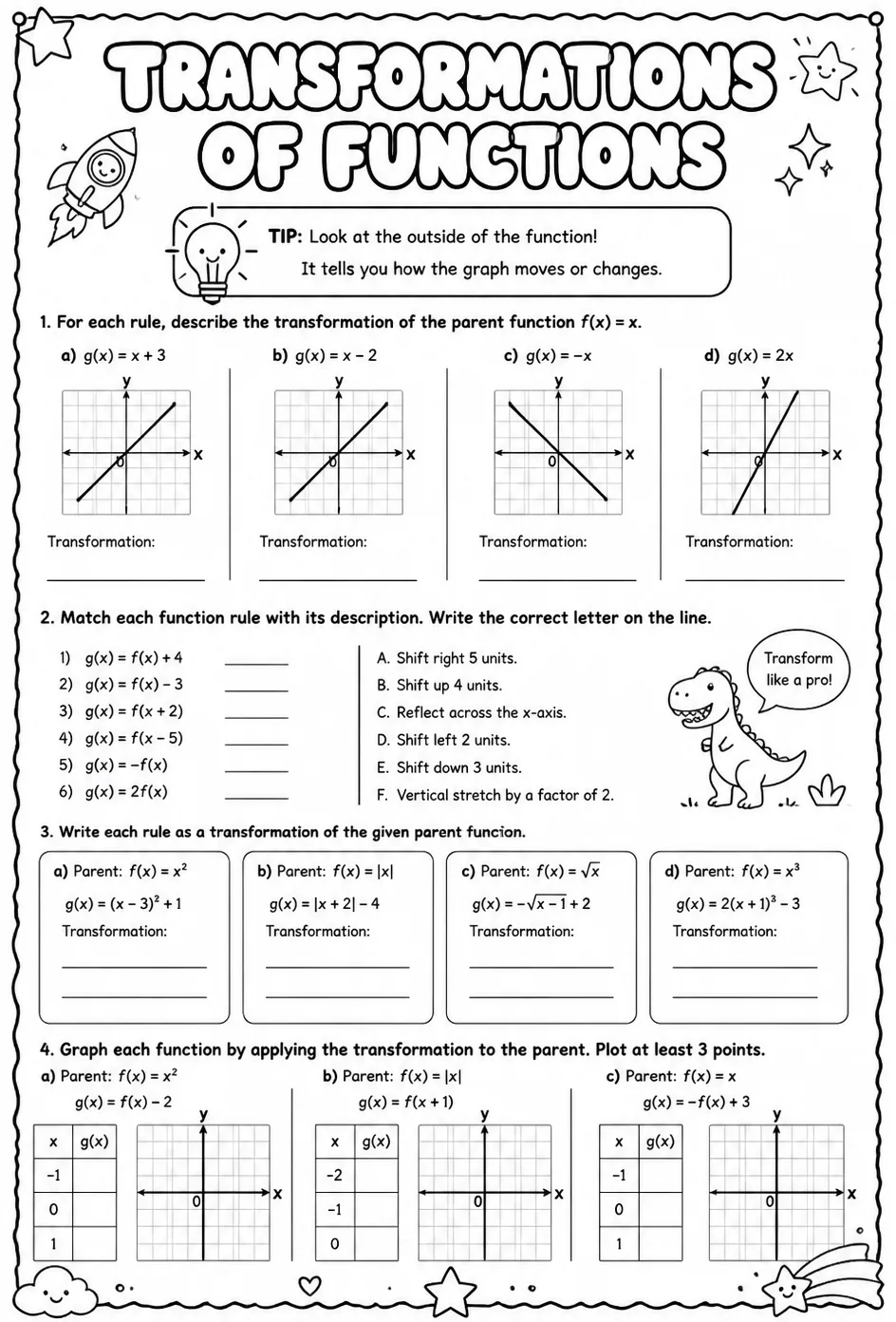 Transformations of functions — free printable Algebra 1 math worksheet
