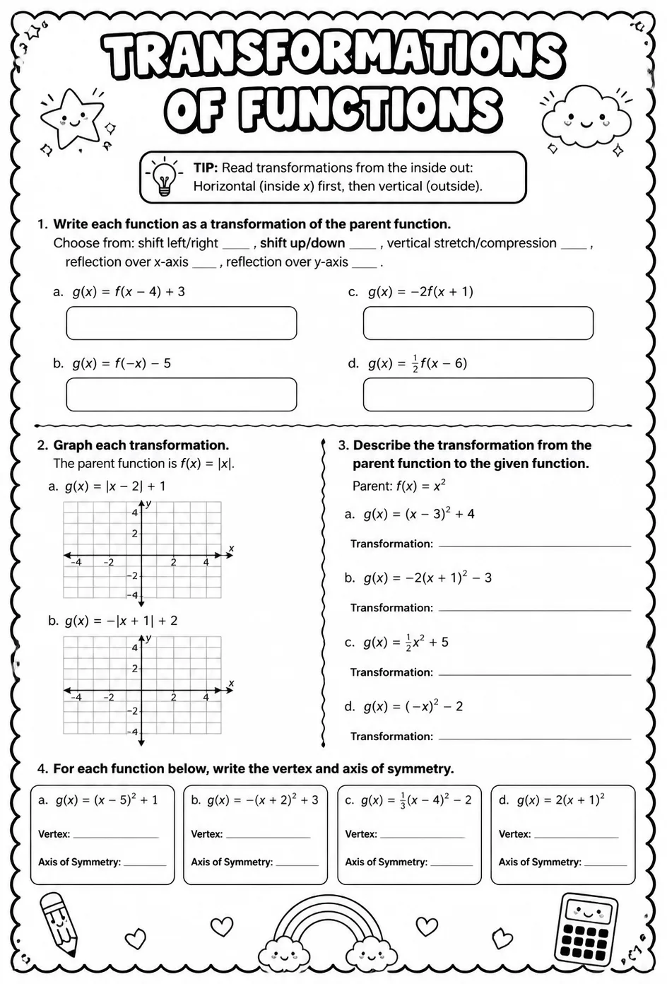 Transformations of functions — free printable Algebra 2 math worksheet