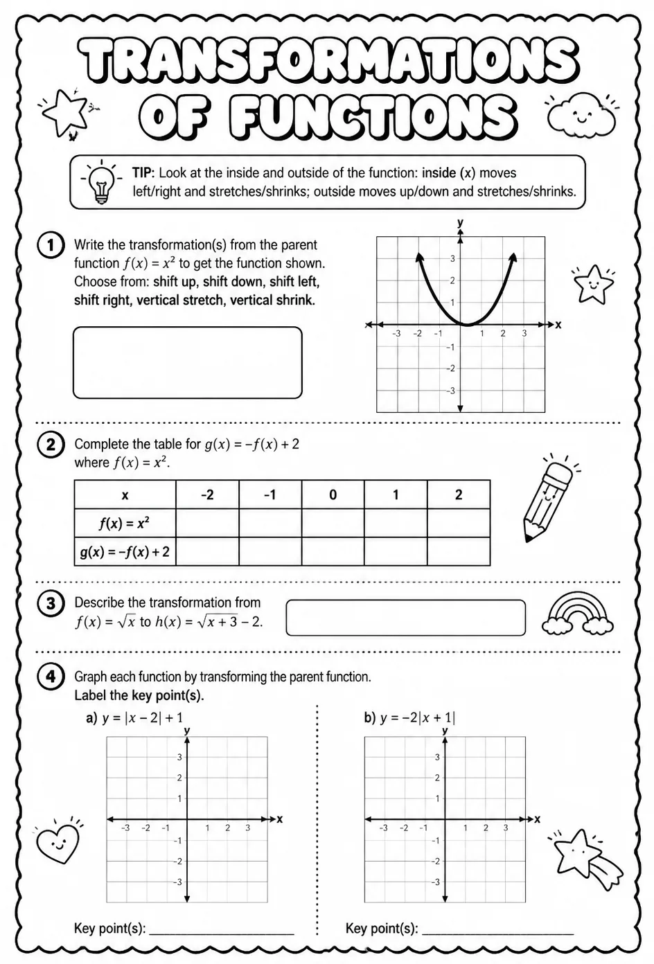 Transformations of functions — free printable Precalculus math worksheet
