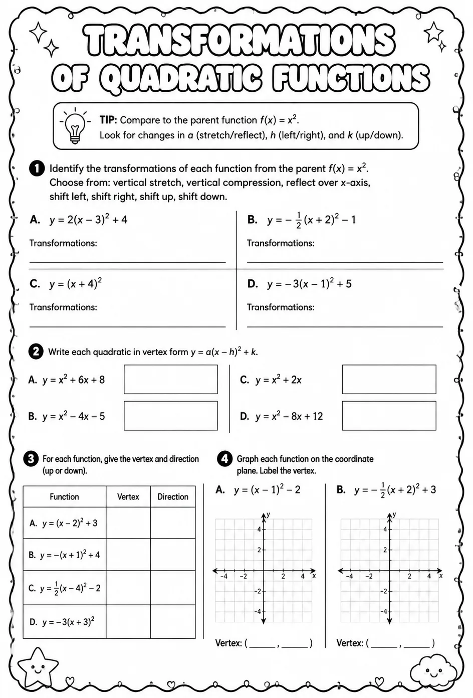 Transformations of quadratic functions — free printable Algebra 1 math worksheet