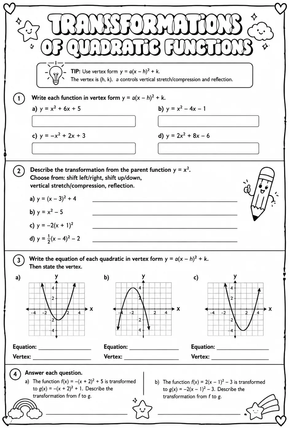 Transformations of quadratic functions — free printable Algebra 2 math worksheet