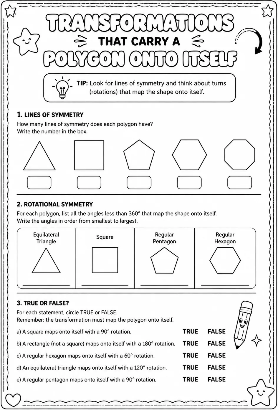 Transformations that carry a polygon onto itself — free printable Geometry math worksheet