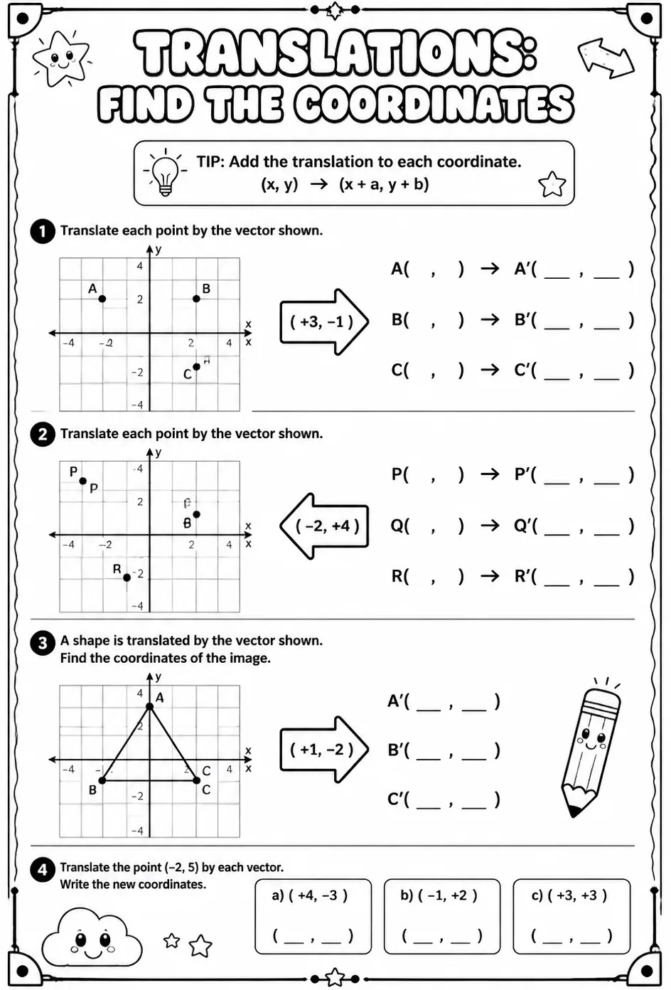 Translations: find the coordinates — free printable Geometry math worksheet