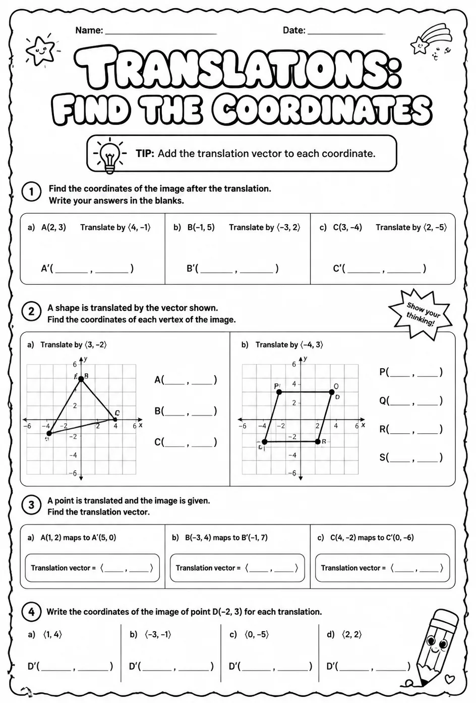 Translations: find the coordinates — free printable Grade 7 math worksheet