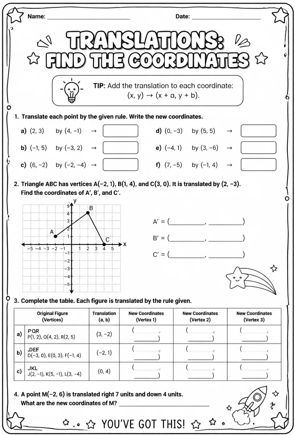 Translations: find the coordinates — free printable Grade 8 math worksheet
