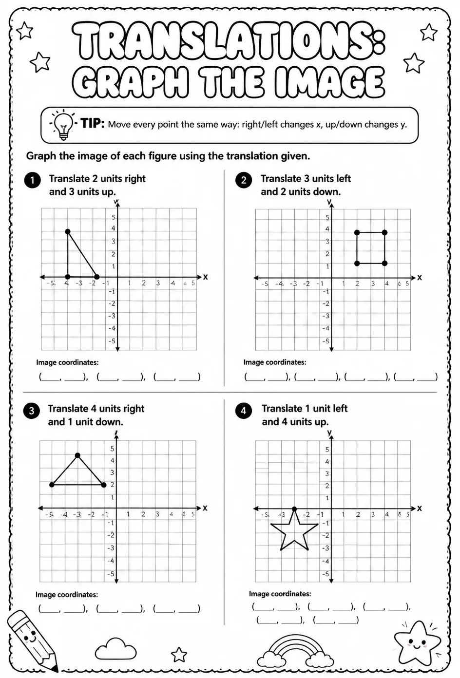 Translations: graph the image — free printable Geometry math worksheet