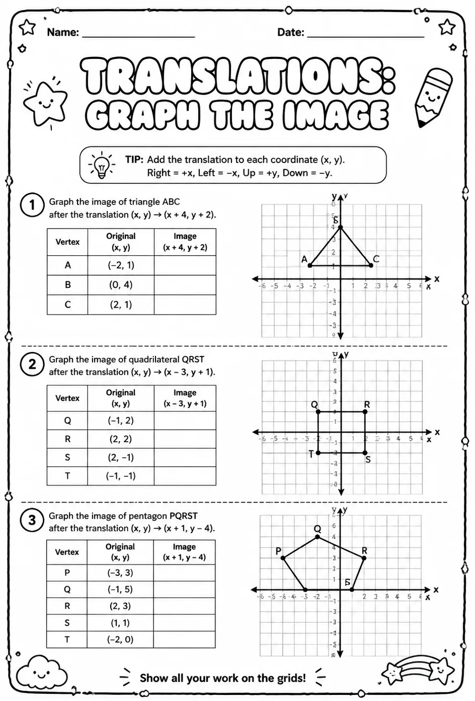 Translations: graph the image — free printable Grade 8 math worksheet