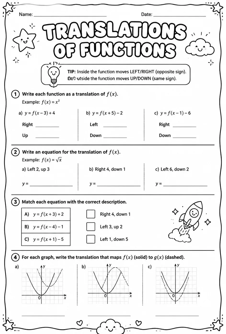 Translations of functions — free printable Algebra 2 math worksheet